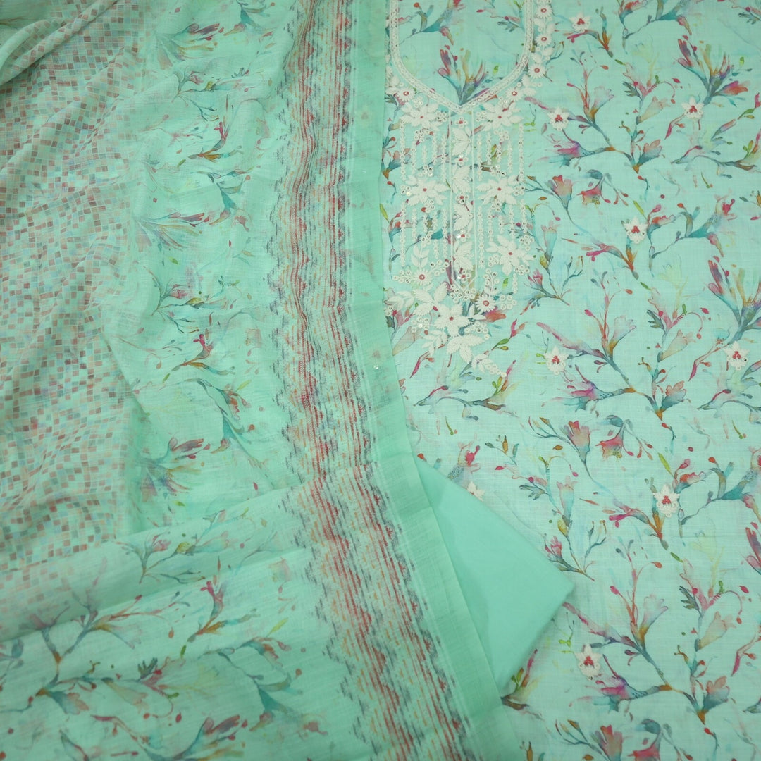 Jade Green Digital Printed Cotton Linen Top and Dupatta Set