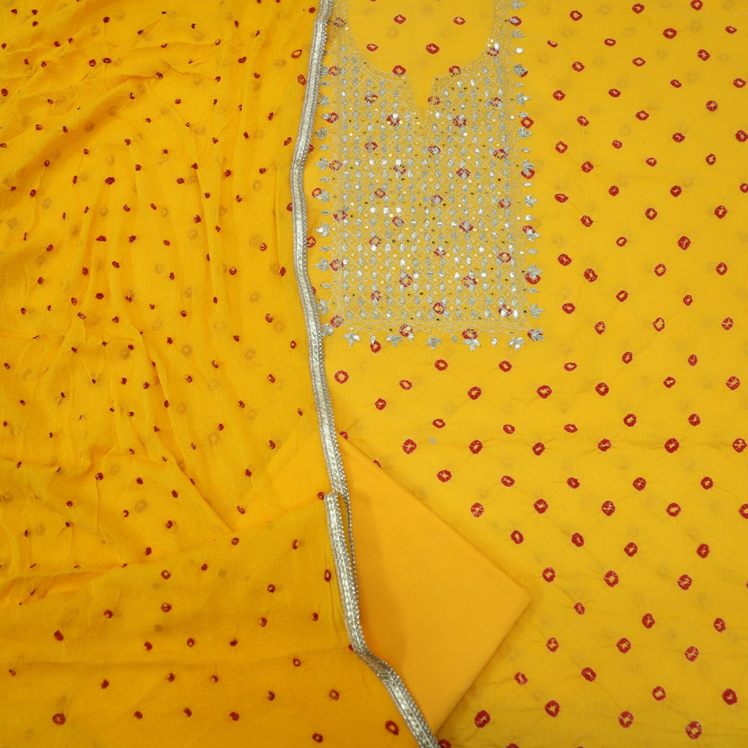Fire Yellow Authentic Bandhej Cotton Top with Bandhej Chiffon Dupatta Set