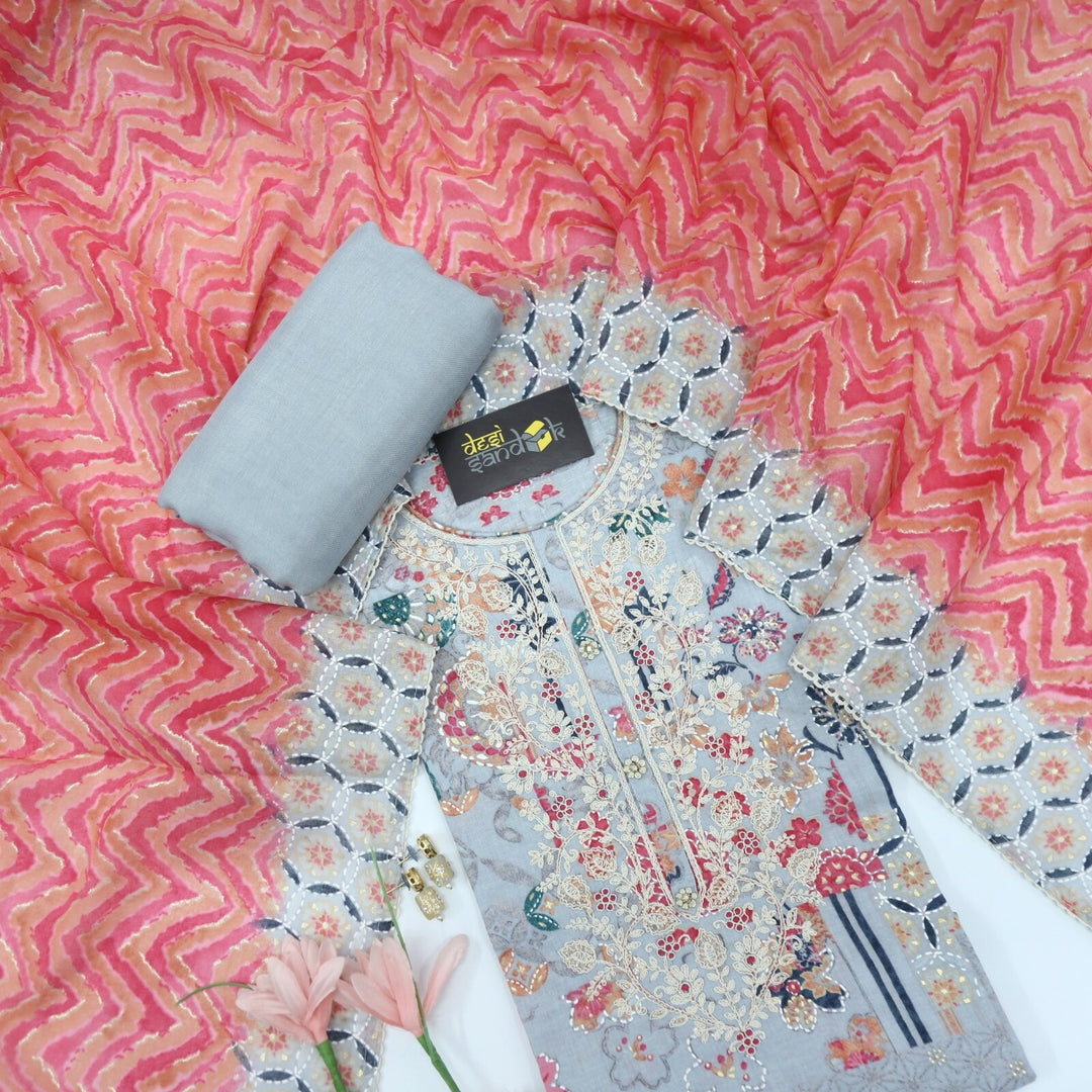 Fog grey Digital Printed Cotton Top with Pink Chevron Printed Cotton Dupatta Set