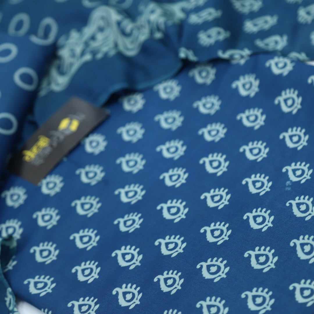 Navy Blue Katan Staple Handloom Top and Dupatta Set
