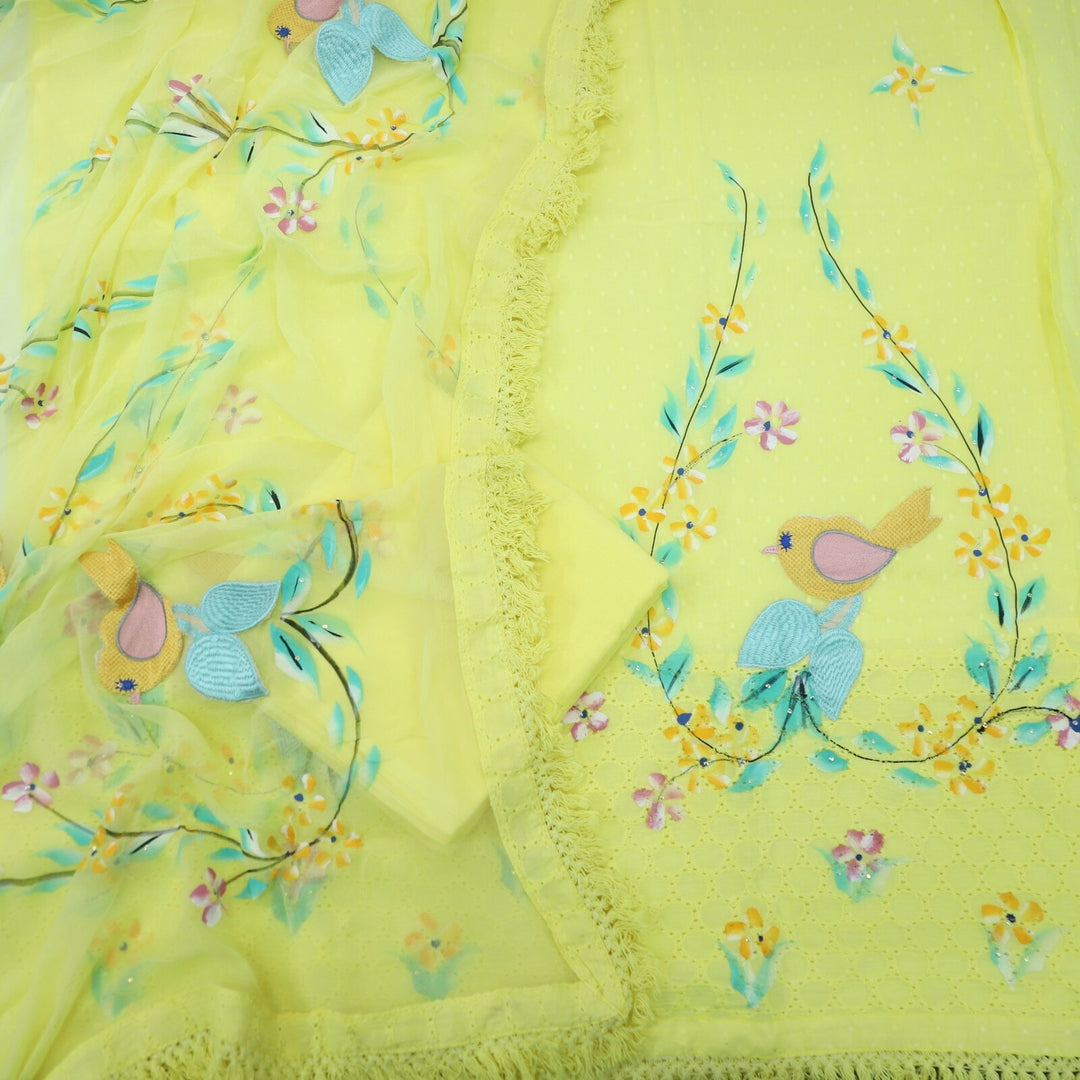 Lemon Yellow Cotton Dobby Bird Top with Chiffon Hand Painted Dupatta Set