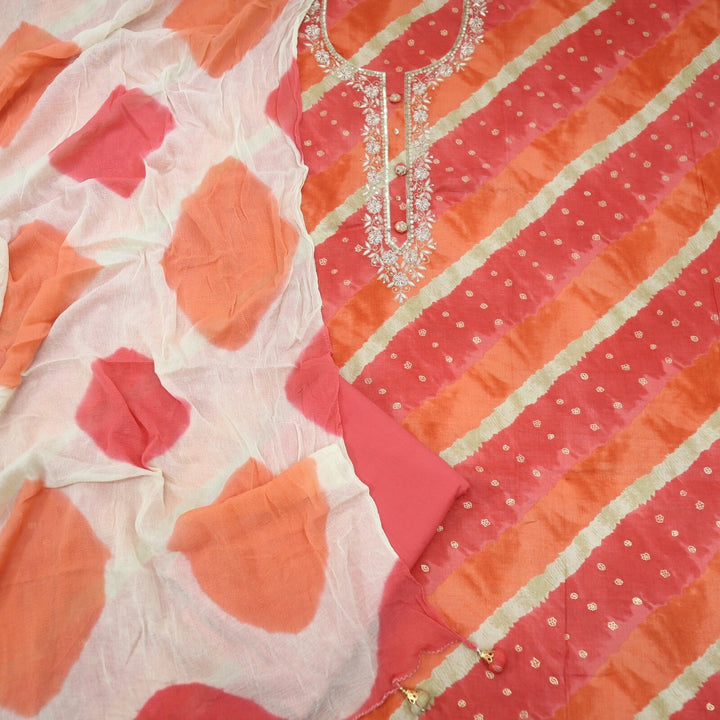 Orange and Pink Leheriya Inspired Top with Tie and Dye Dupatta Set
