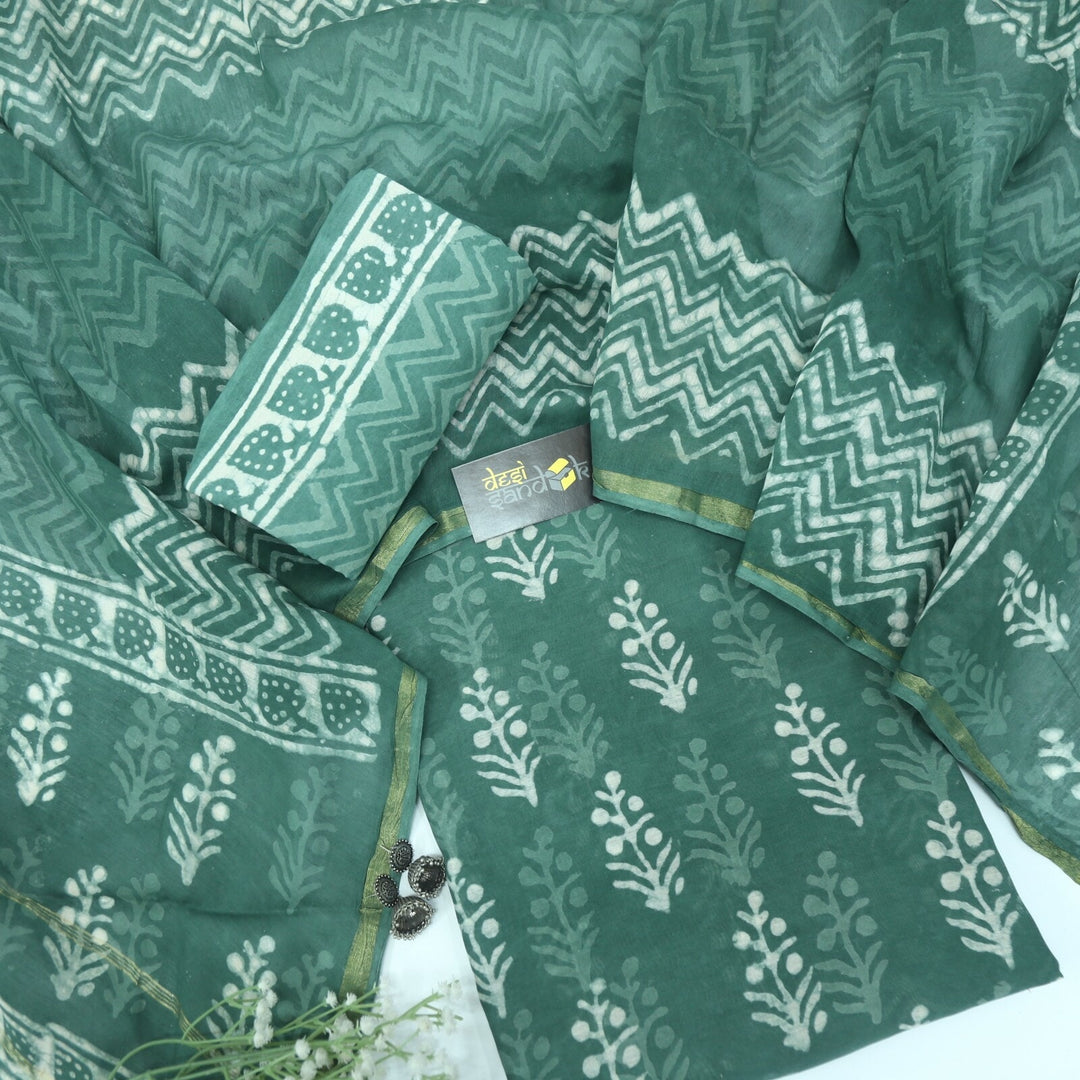 Fern Green Authentic Dabu Printed Top and Dupatta Set