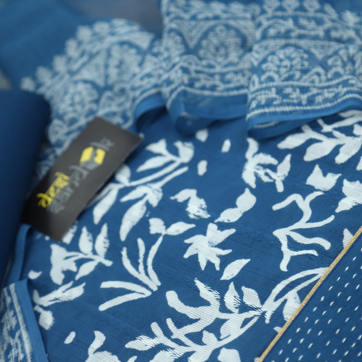 Yale Blue Dabu Inspired Printed Cotton Top and Dupatta Set-101