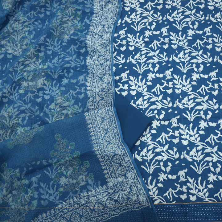 Yale Blue Dabu Inspired Printed Cotton Top and Dupatta Set-101