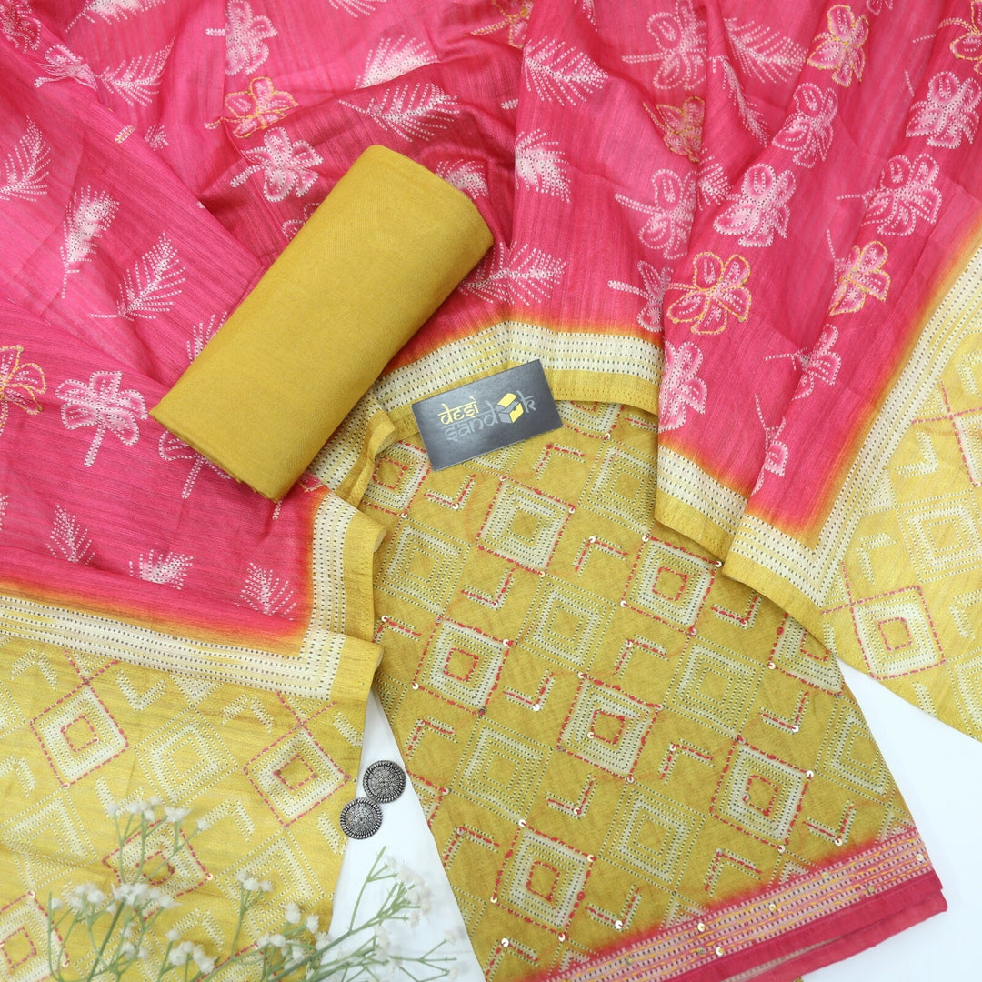 Yellow Digital Printed Chanderi Top with Ruby Pink Printed Dupatta Set