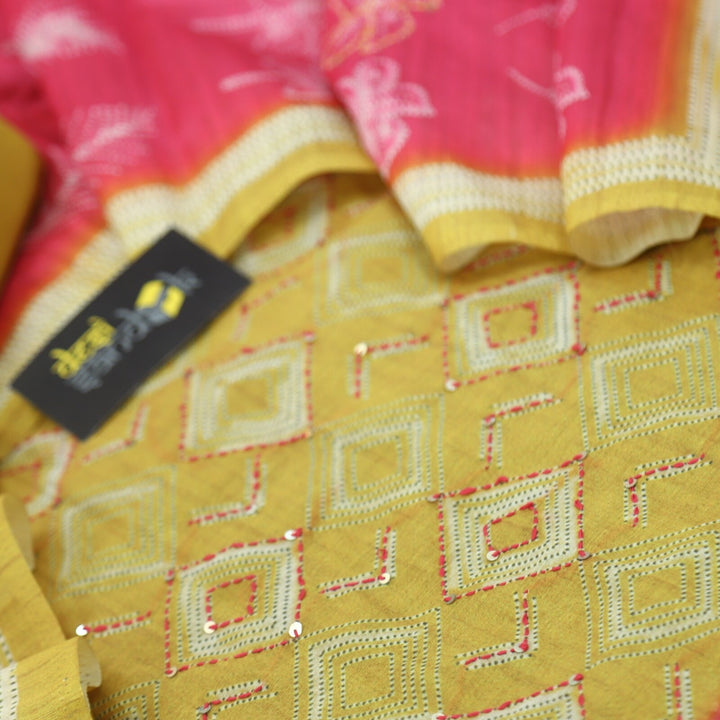 Yellow Digital Printed Chanderi Top with Ruby Pink Printed Dupatta Set