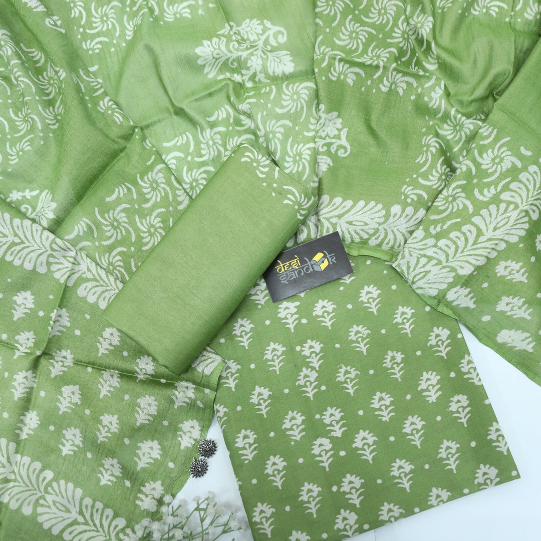 Mint Green Katan Staple Handloom Top and Dupatta Set