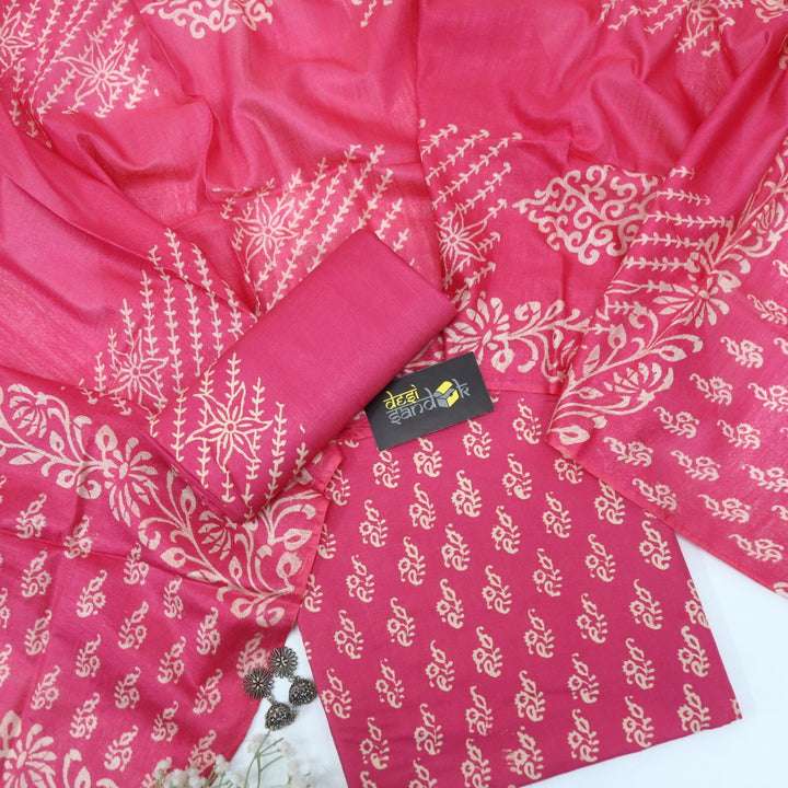 Pink Katan Staple Handloom Top and Dupatta Set