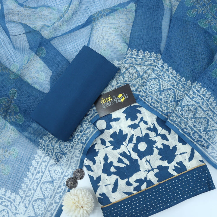 Yale Blue Dabu Inspired Printed Cotton Top and Dupatta Set