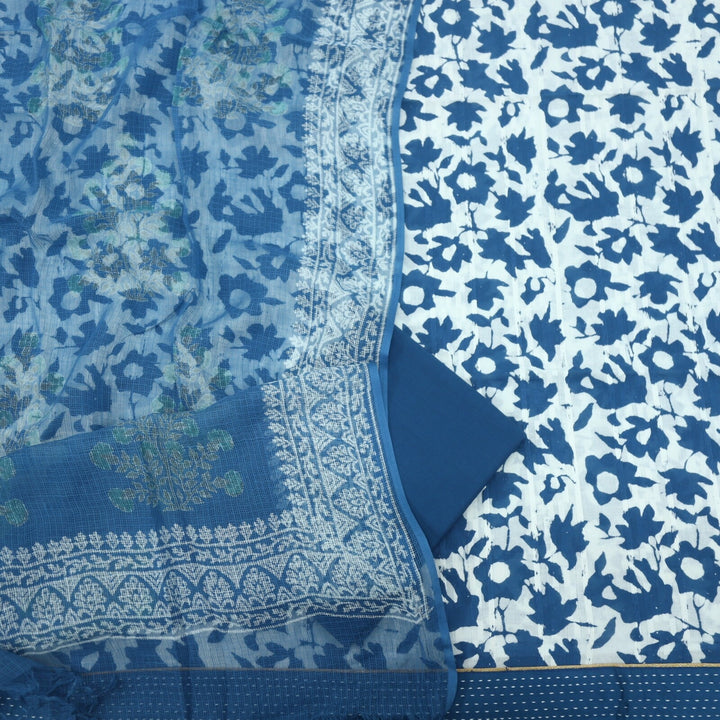 Yale Blue Dabu Inspired Printed Cotton Top and Dupatta Set