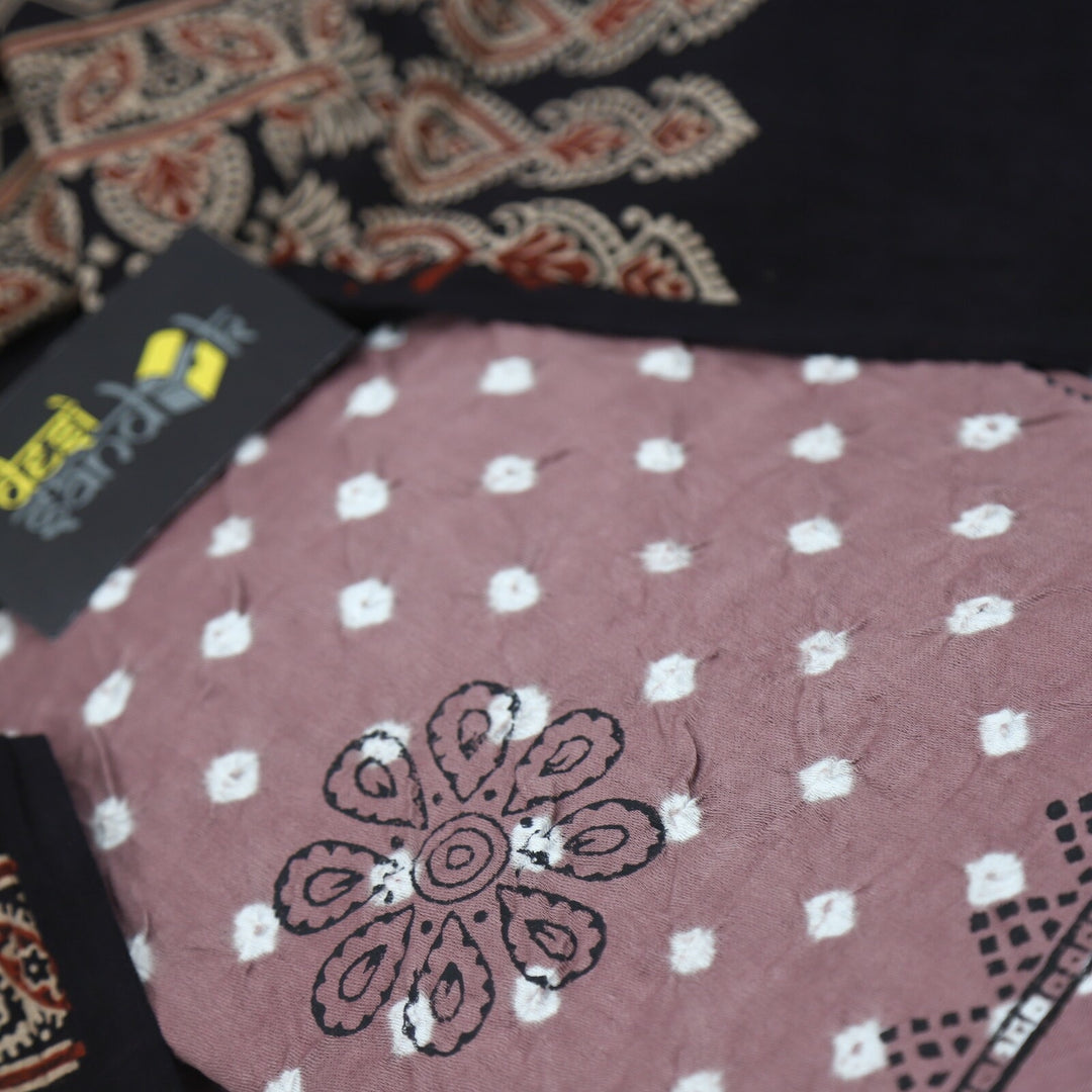 Light Mauve Authentic Bandhej Cotton Top with Black Ajrak Dupatta Set