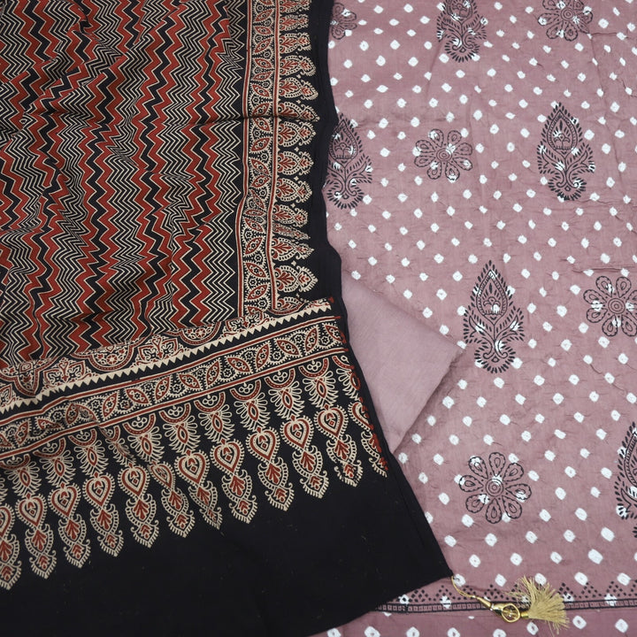 Light Mauve Authentic Bandhej Cotton Top with Black Ajrak Dupatta Set