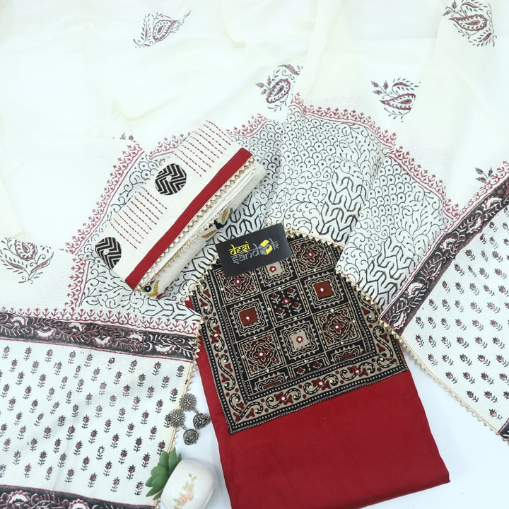 Maroon Ajrak Patch Jam Satin top with Offwhite Printed Dupatta Set