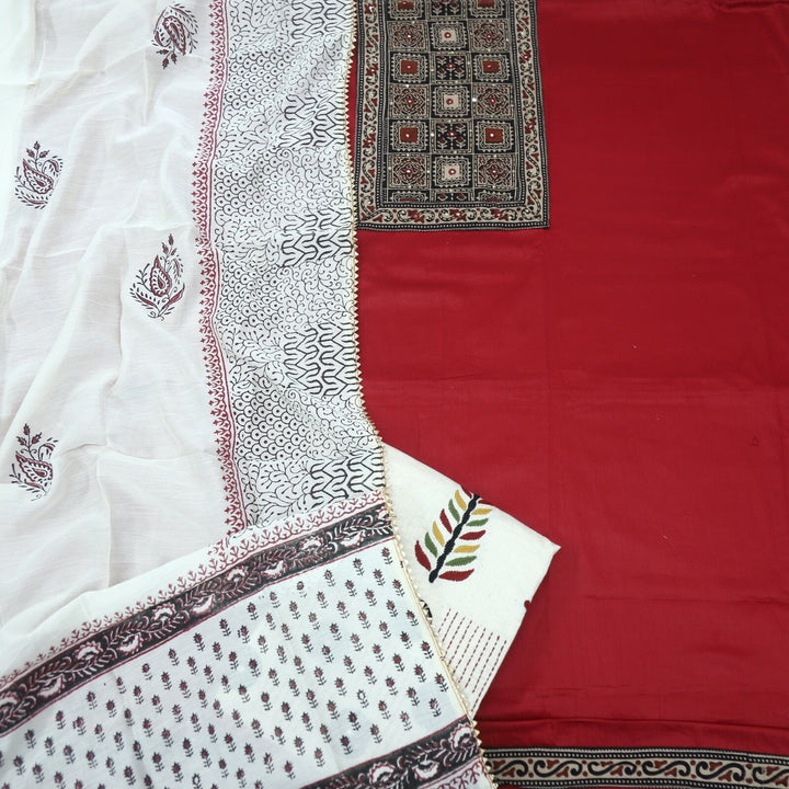 Maroon Ajrak Patch Jam Satin top with Offwhite Printed Dupatta Set