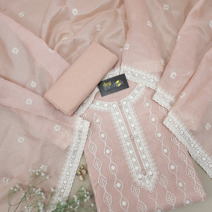 Peachish Beige Kota Doriya Designer Top and Dupatta Set