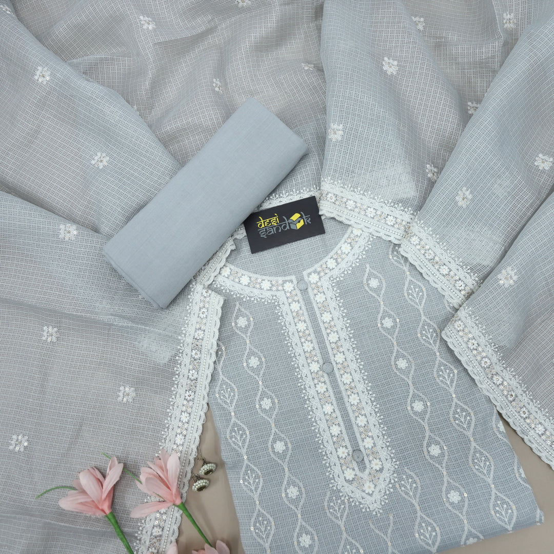 Light Grey Kota Doriya Designer Top and Dupatta Set