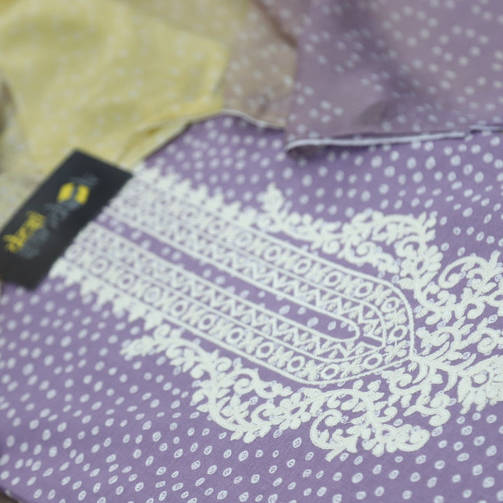 Periwinkle Purple Bandhani Printed Cotton Top with Yellow Chiffon Printed Dupatta Set