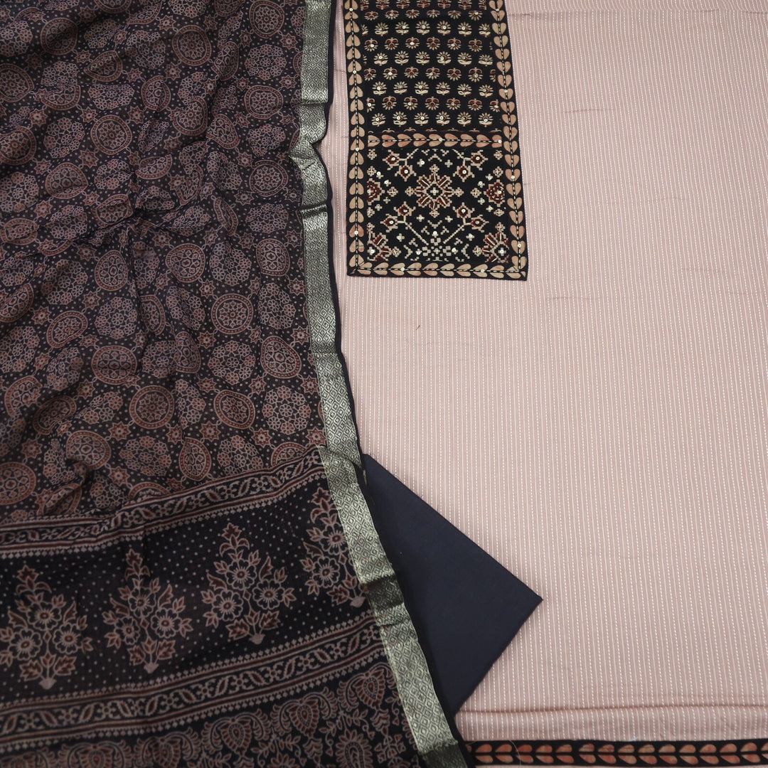 Light Mauve Kantha Cotton Top with Black Ajrak Printed Dupatta Set
