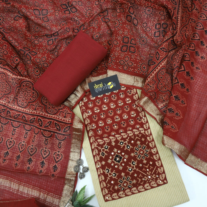 Light Pistachio Green Kantha Cotton Top with Rust Red Ajrak Printed Dupatta Set