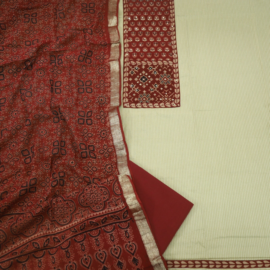 Light Pistachio Green Kantha Cotton Top with Rust Red Ajrak Printed Dupatta Set