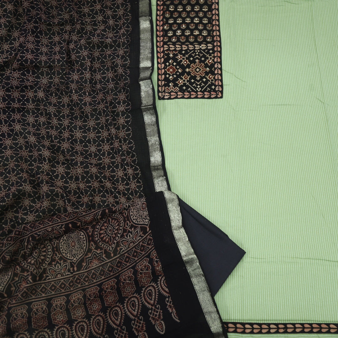 Light Mint Green Kantha Cotton Top with Black Ajrak Printed Dupatta Set