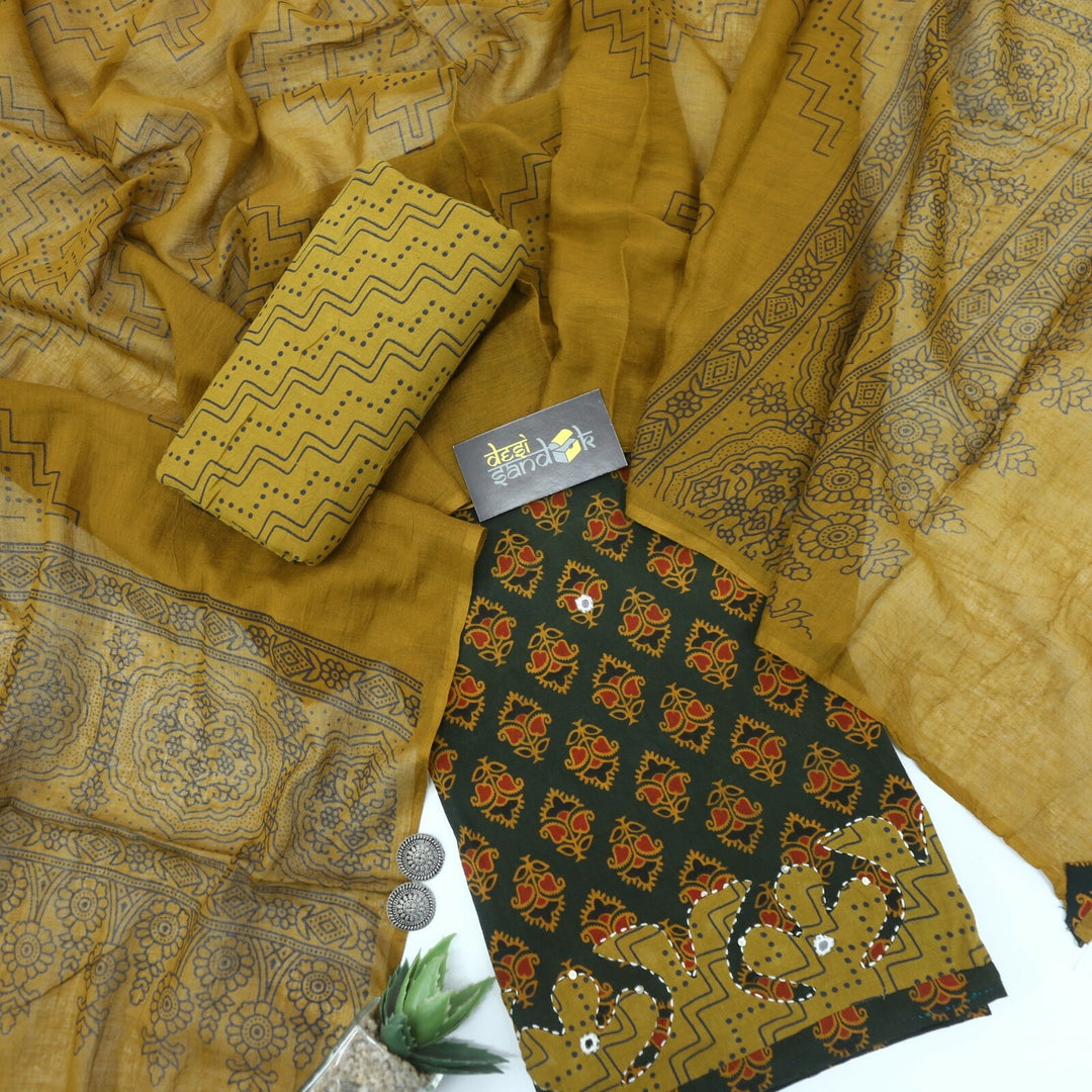 Forest Green Ajrak Cotton Top with Applique Work and Yellow Dupatta Set