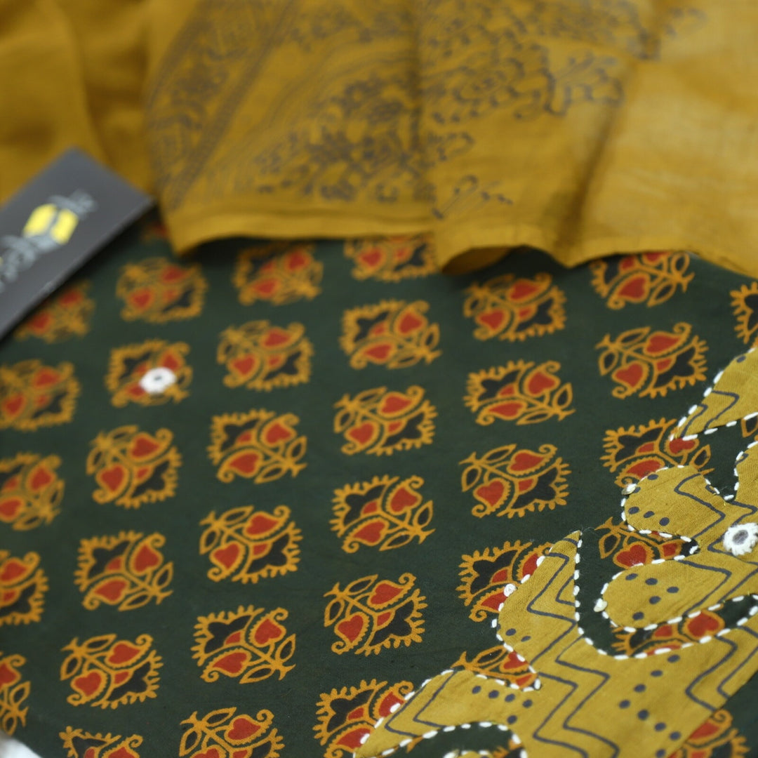 Forest Green Ajrak Cotton Top with Applique Work and Yellow Dupatta Set