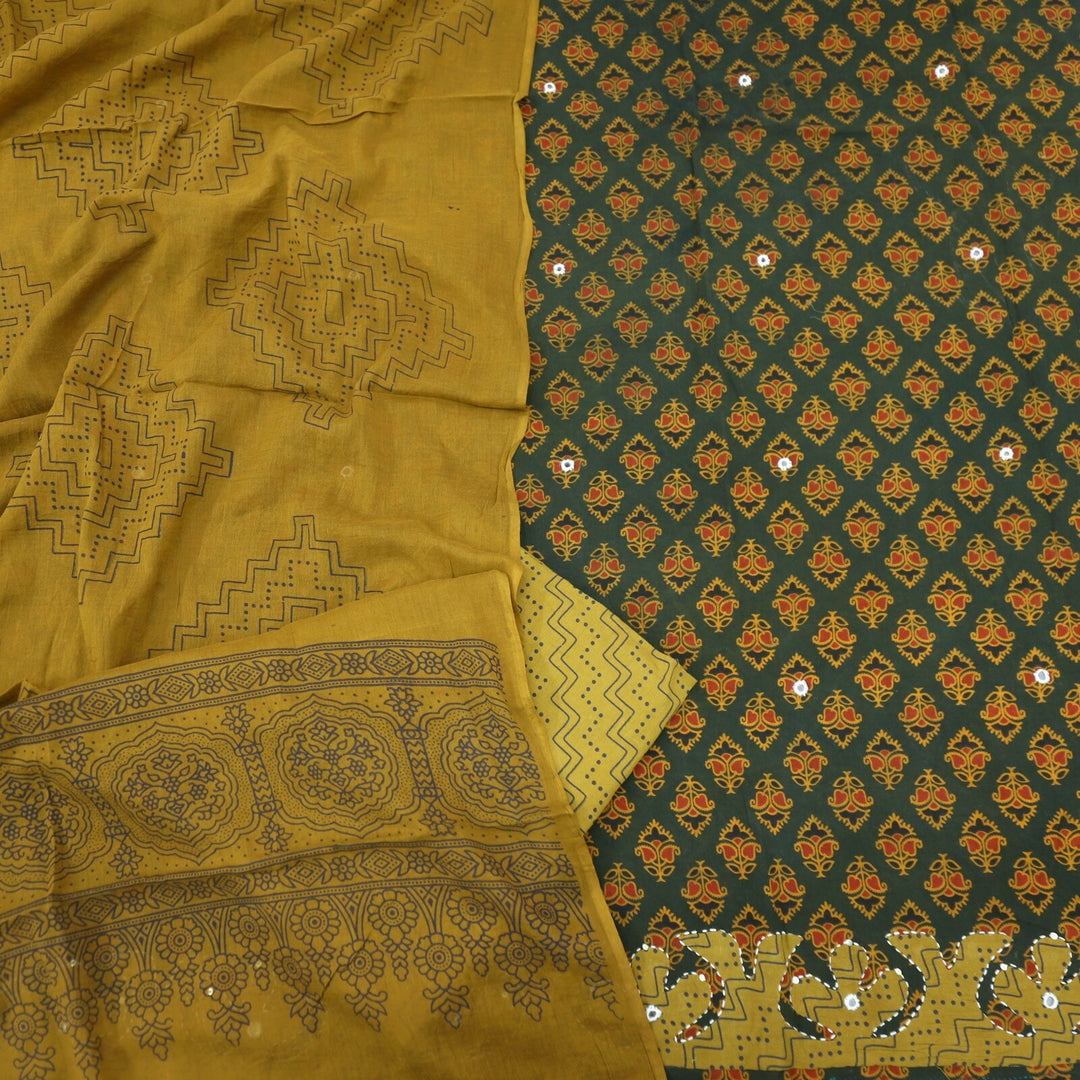 Forest Green Ajrak Cotton Top with Applique Work and Yellow Dupatta Set