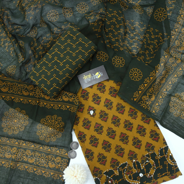 Dijon Yellow Ajrak Cotton Top with Applique Work and Green Dupatta Set