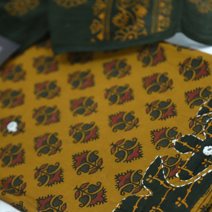 Dijon Yellow Ajrak Cotton Top with Applique Work and Green Dupatta Set