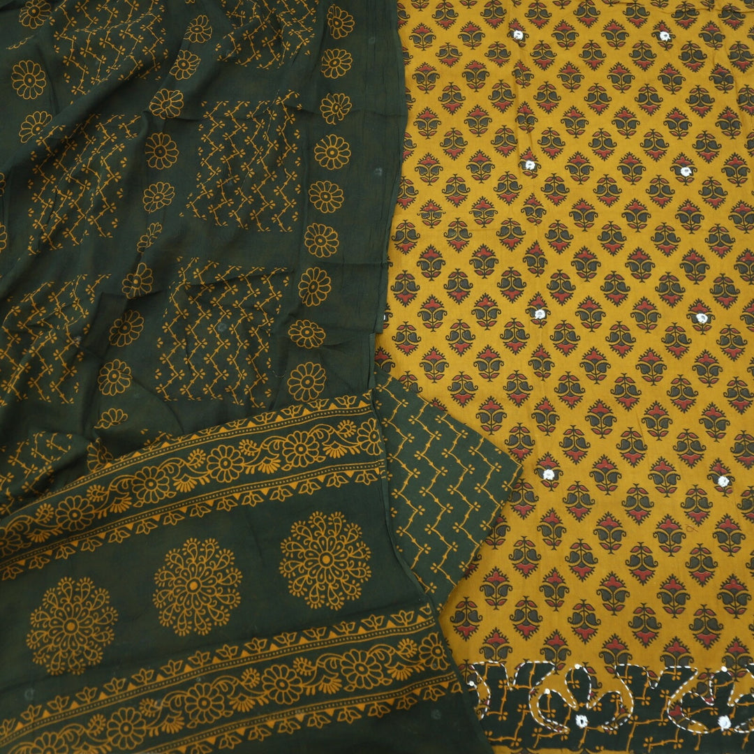 Dijon Yellow Ajrak Cotton Top with Applique Work and Green Dupatta Set