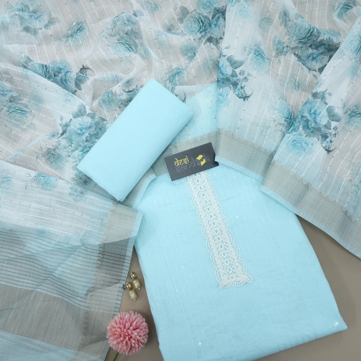 Sky Blue Cotton Top with Digital Printed Cotton Linen Dupatta Set