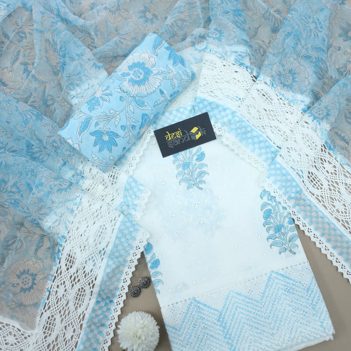 White Printed Hakoba Work Cotton Top with Blue Printed Dupatta Set