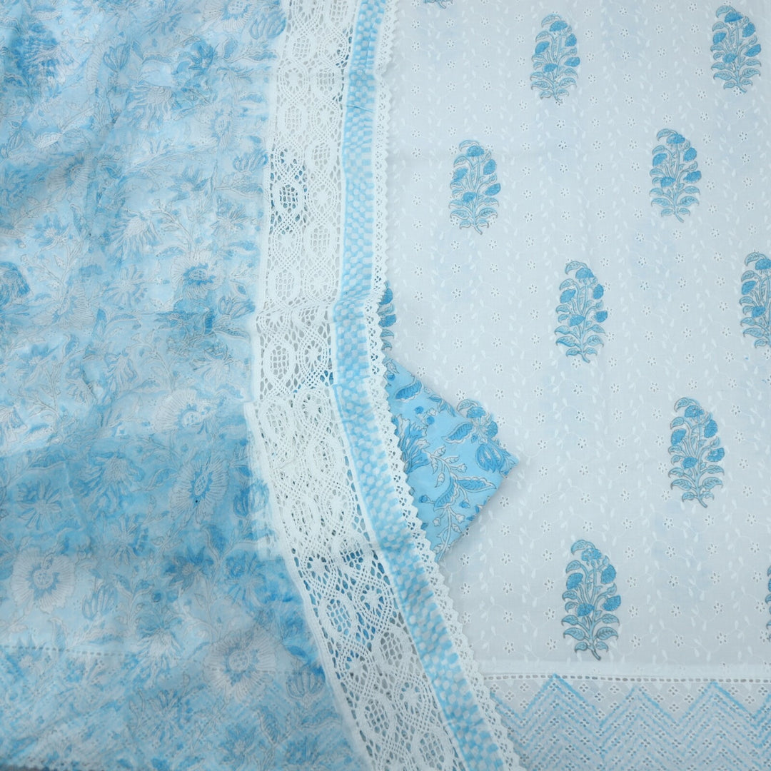 White Printed Hakoba Work Cotton Top with Blue Printed Dupatta Set