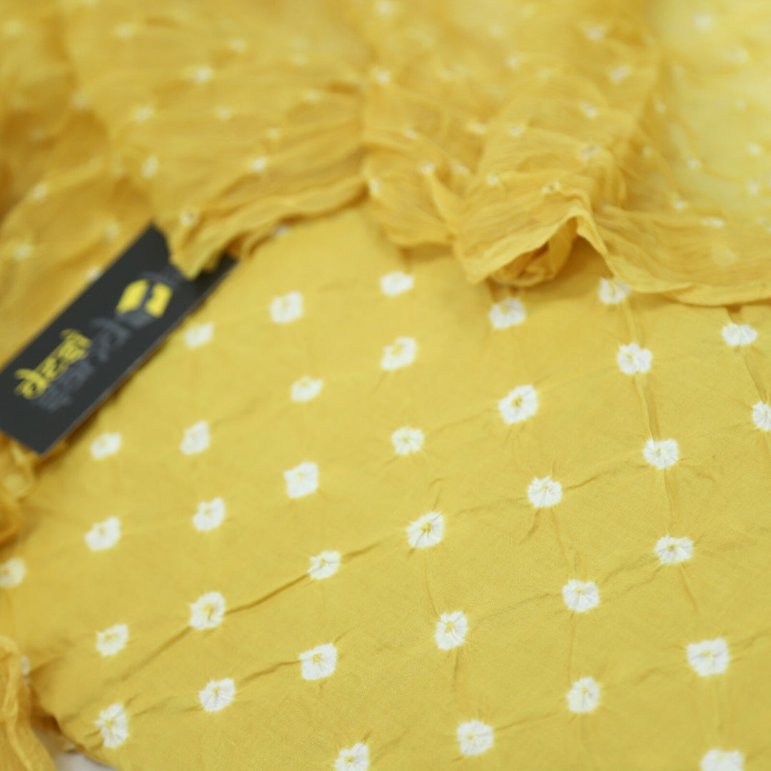 Dijon Yellow Authentic Bandhej Cotton Top with Chiffon Dupatta Set