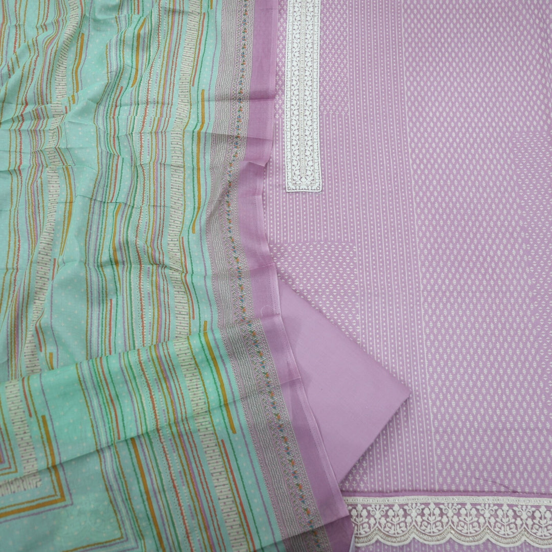 Lavender Printed Cotton Top with Green Printed Dupatta Set