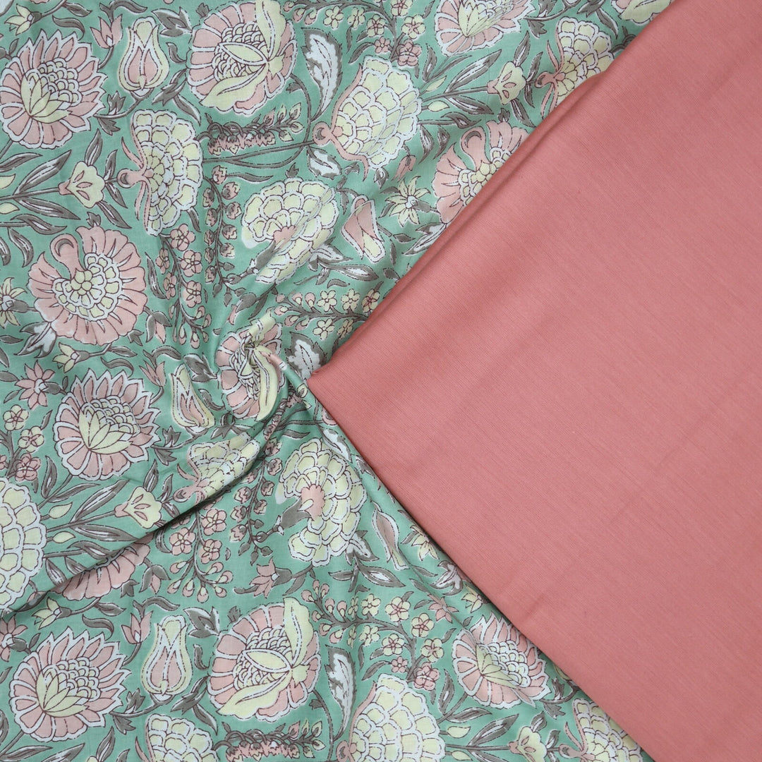 Green Printed Cotton with Peach Flax Cotton 2 Piece Fabric