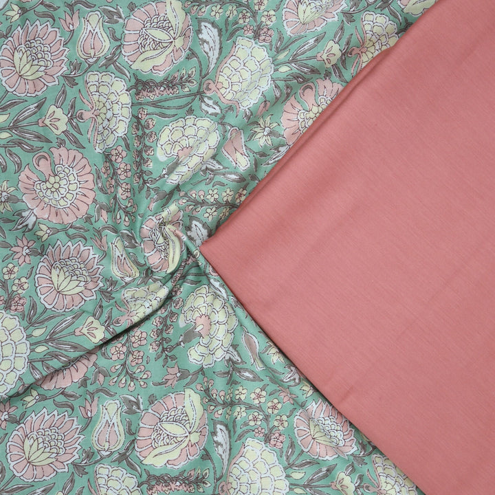 Green Printed Cotton with Peach Flax Cotton 2 Piece Fabric