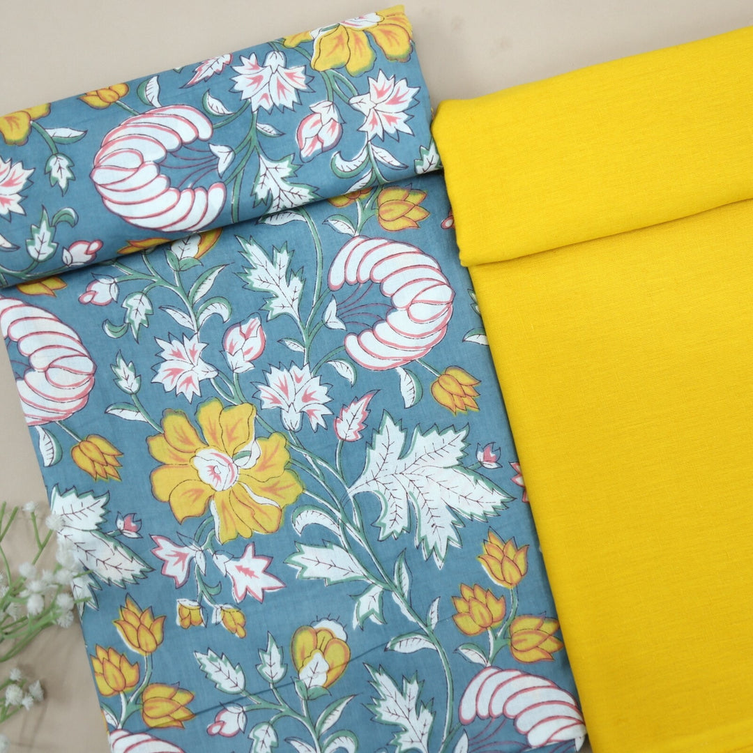Lapis Blue Printed Cotton with Bumblebee Yellow Flax Cotton 2 Piece Fabric