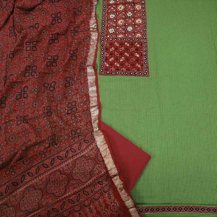 Plant Green Kantha Cotton Top with Rust Red Ajrak Printed Dupatta Set