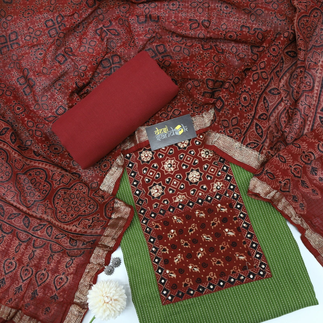 Plant Green Kantha Cotton Top with Rust Red Ajrak Printed Dupatta Set