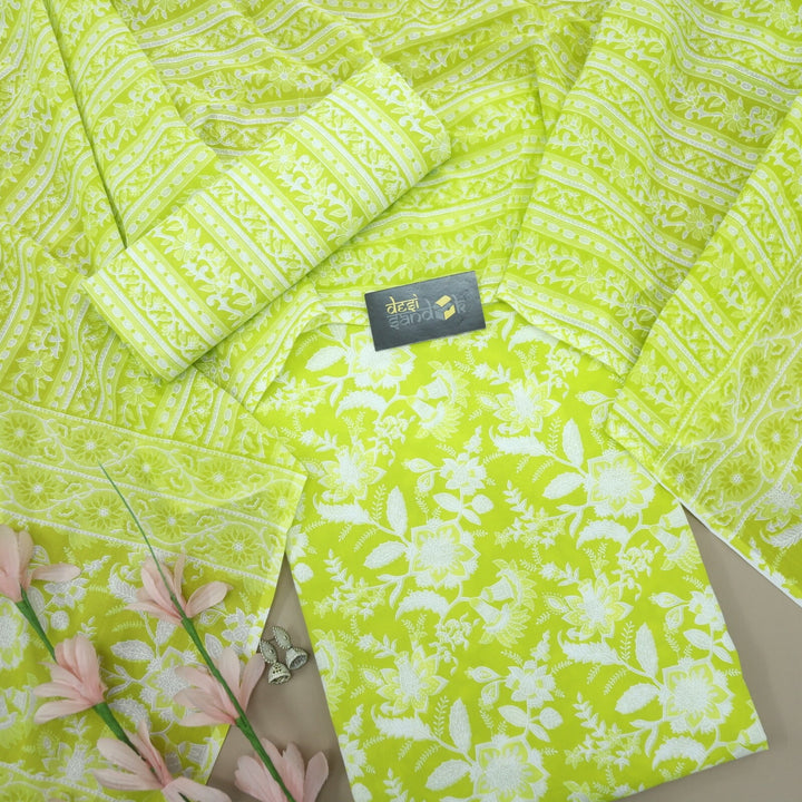 Neon Green Printed 3 Piece Set Fabric