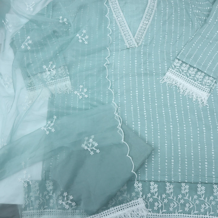 Sage Green Printed Semi Stitched Top with Stole Style Organza Dupatta Set