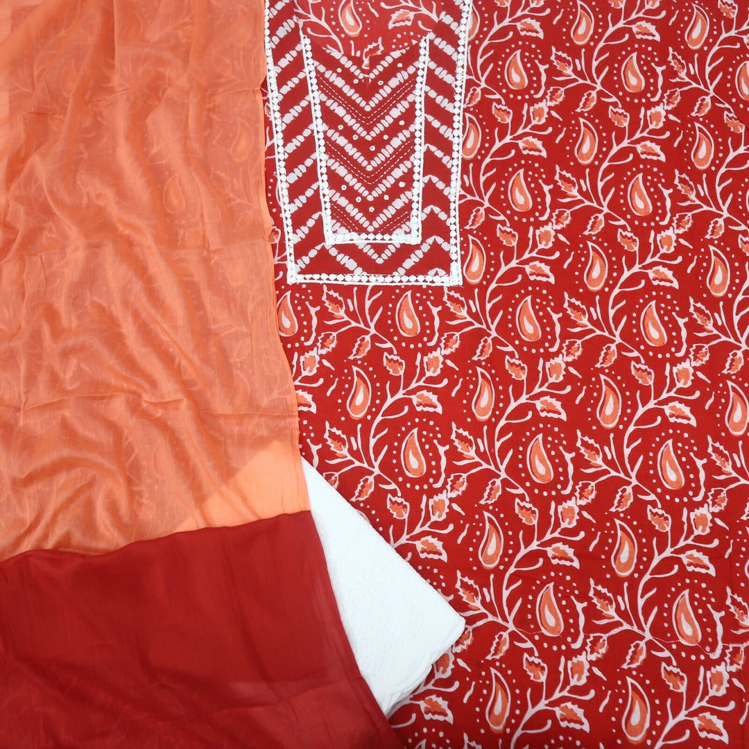 Scarlet Red Printed Cotton Top and Dual Shade Dupatta with Lace Work at hem