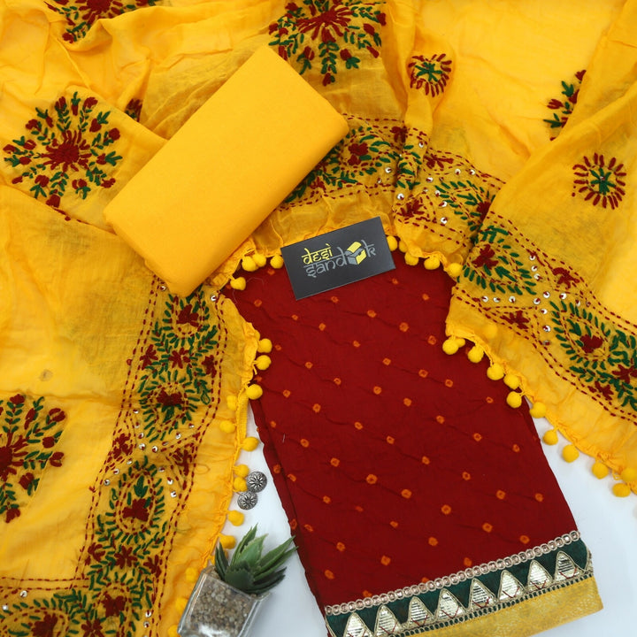 Currant Red Bandhej Cotton Top with Fire Yellow Dupatta Set