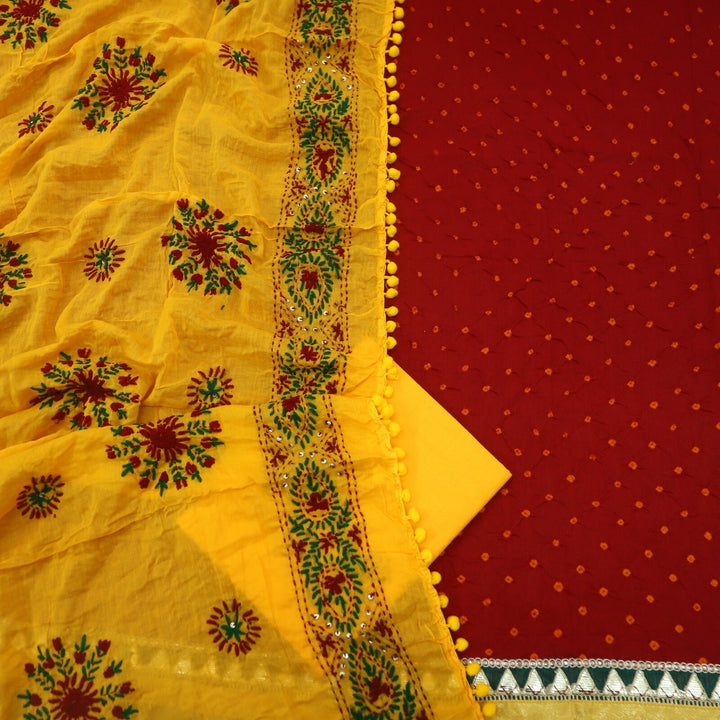 Currant Red Bandhej Cotton Top with Fire Yellow Dupatta Set