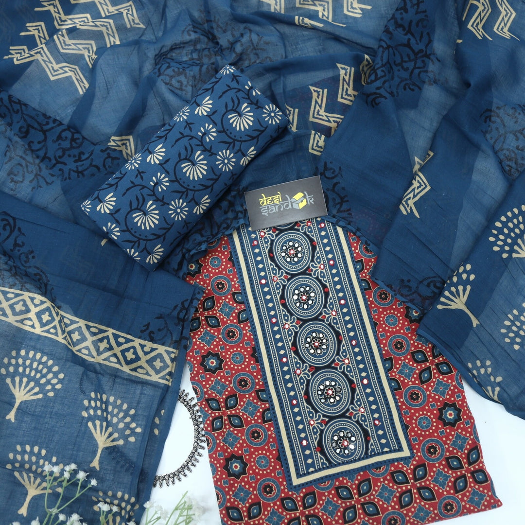 Maroon Ajrak Printed Top with Blue Printed Dupatta Set