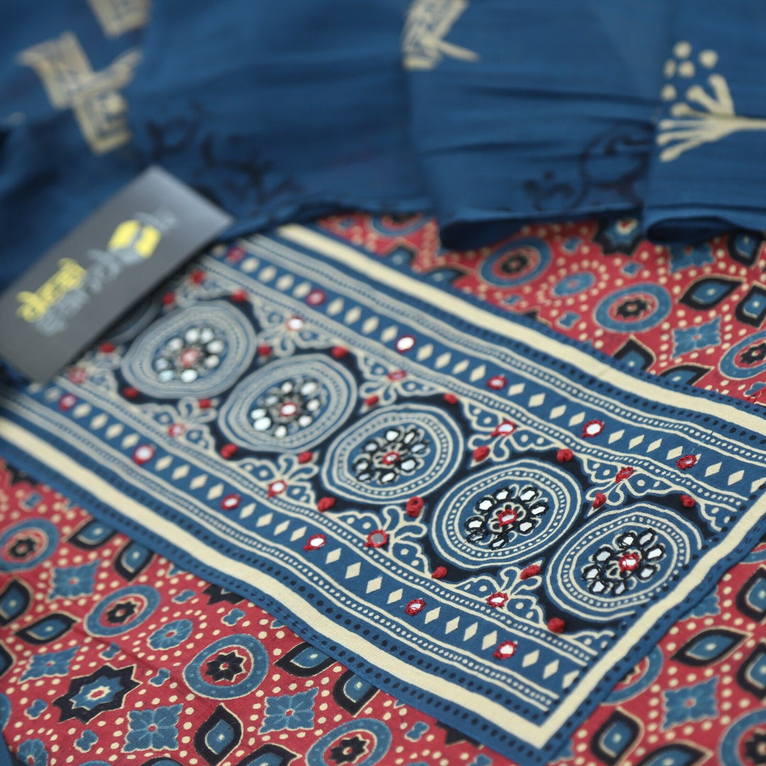 Maroon Ajrak Printed Top with Blue Printed Dupatta Set