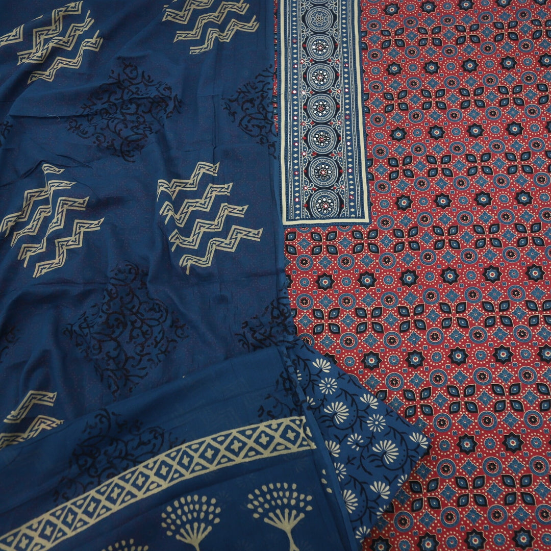 Maroon Ajrak Printed Top with Blue Printed Dupatta Set